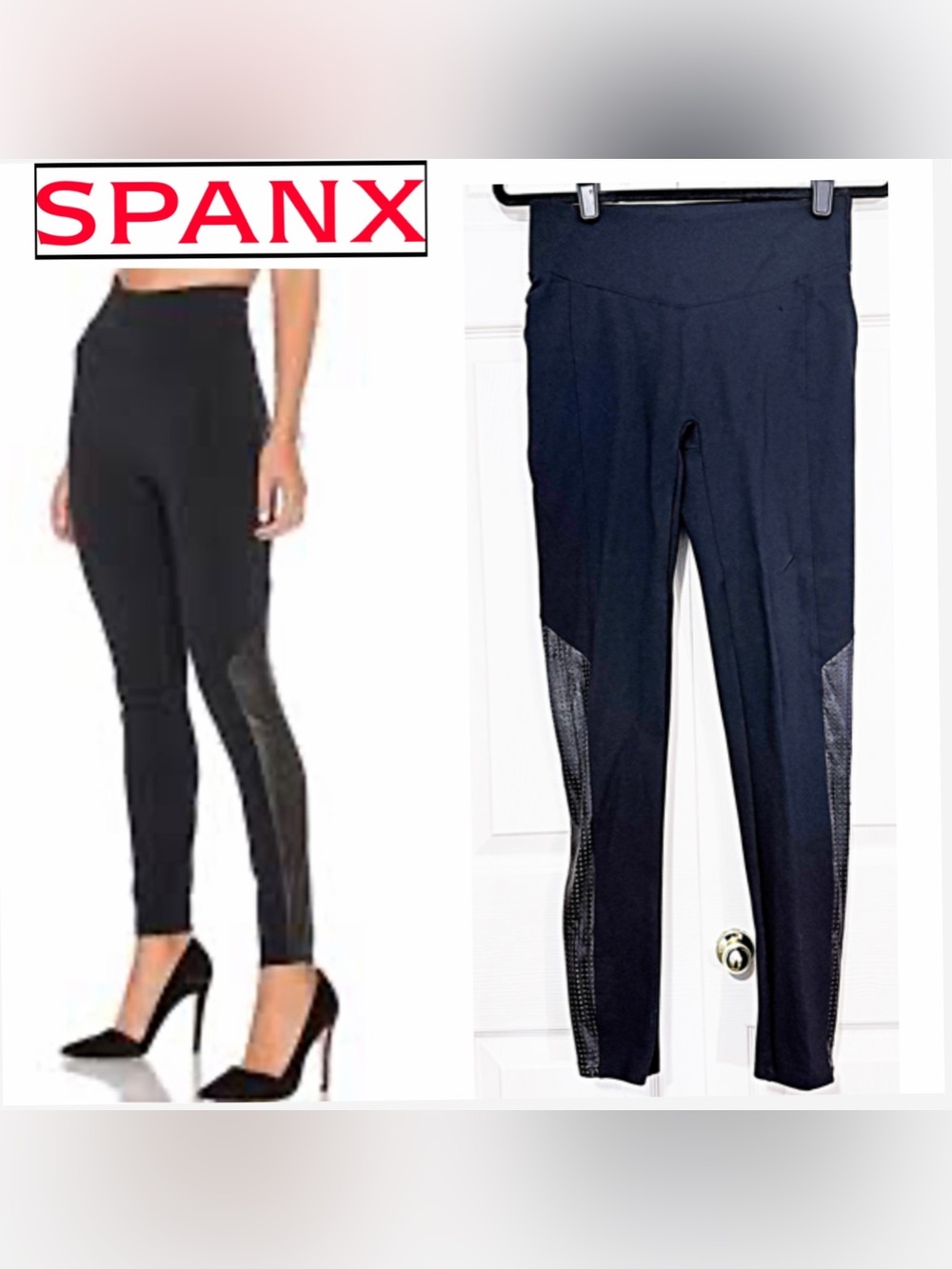 SPANX, Black Faux Leather Perforated Side Panel, Ankle Fit Leggings